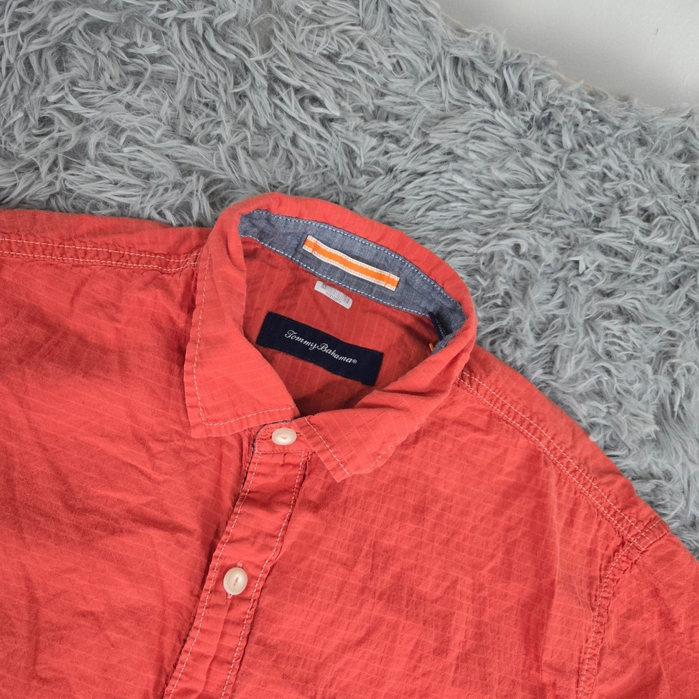 Tommy‎ Bahama Mens Medium Short Sleeve Button Down Shirt Orange Textured Marlin